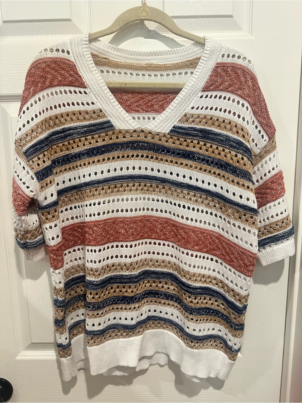 Striped V-Neck Open Knit Sweater Top - White, Rust & Navy